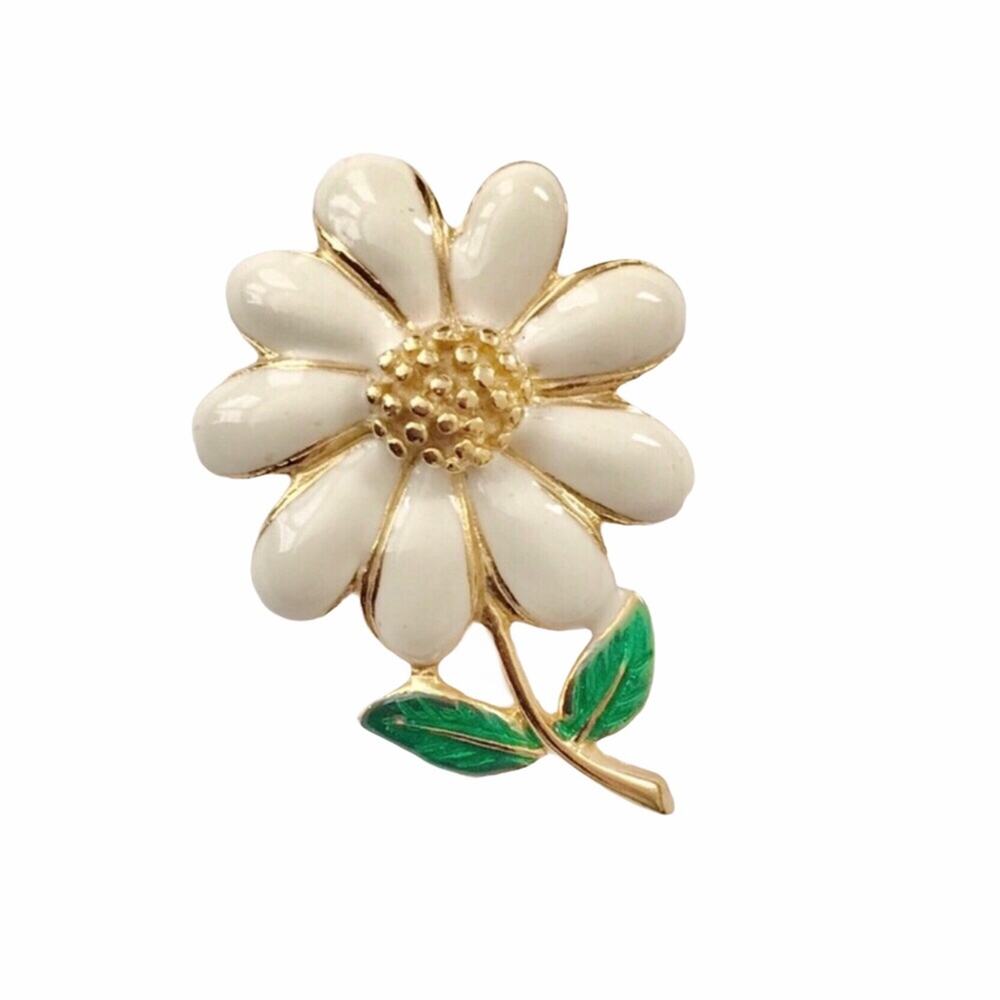 Vintage Enameled Daisy Pin Ivory & Green & Gold Brooch